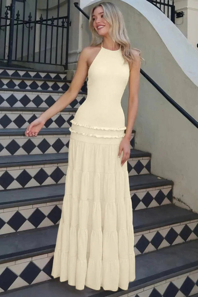 Glorol - Backless Pleated Sleeveless High Waist Lace-Up A-Line Maxi Dress