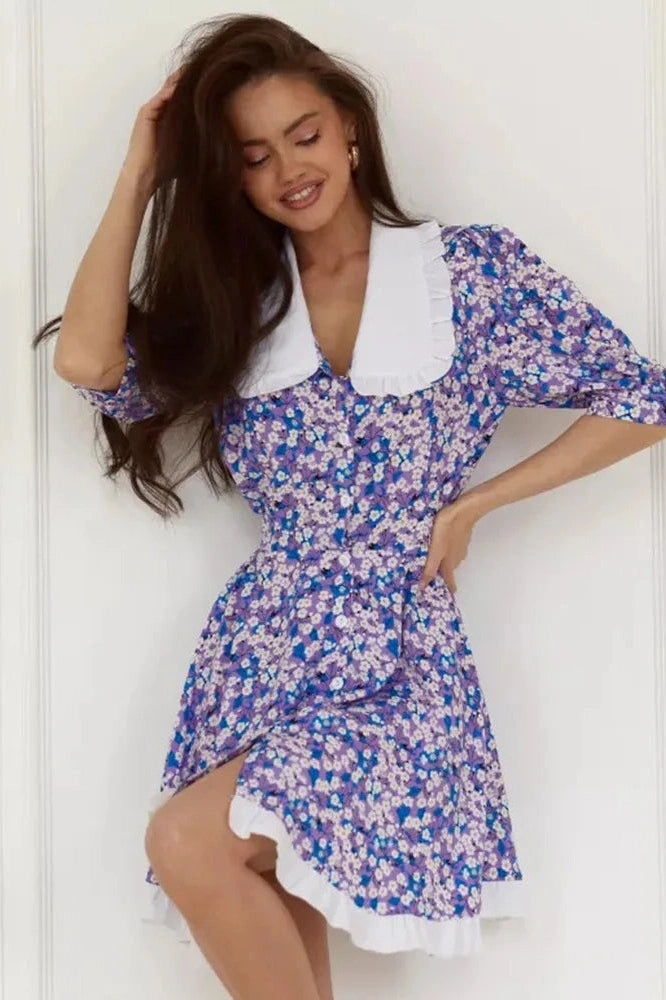 Glorol - Short Sleeves Printed High-Waisted Mini Dress