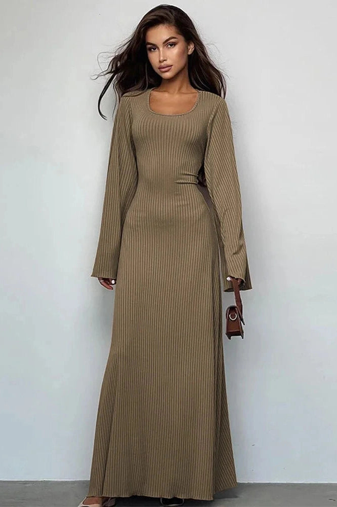 Glorol - Lace-Up Long Sleeve Slim Loose Maxi Dress
