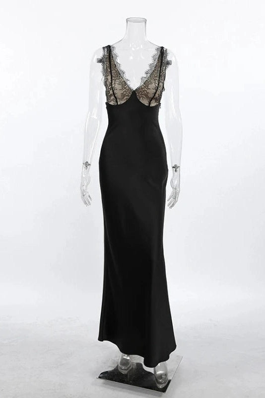 Glorol - Lace Patchwork V-Neck Backless Sleeveless Maxi Dress
