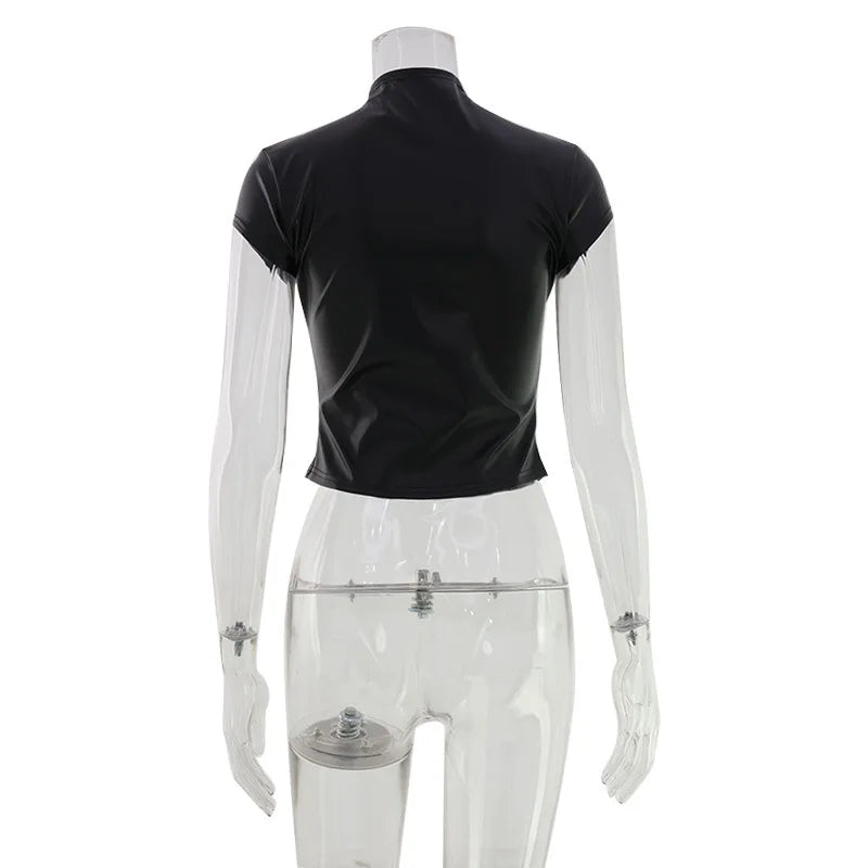 Glorol - PU Leather Single-Breasted Slim Short-Sleeve Top