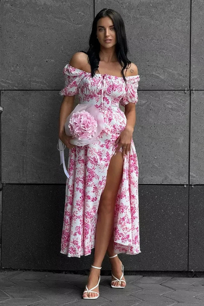 Glorol - Off Shoulder Floral Print Short-Sleeved Lace-Up Slit Maxi Dress