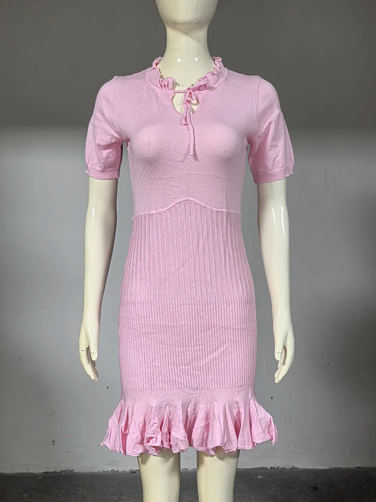 Glorol - Hollow Knitting Lace Up Short Sleeve Mini Dress