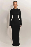 Glorol - Long Sleeve High Waist Split Zipper O Neck Bodycon Maxi Dress