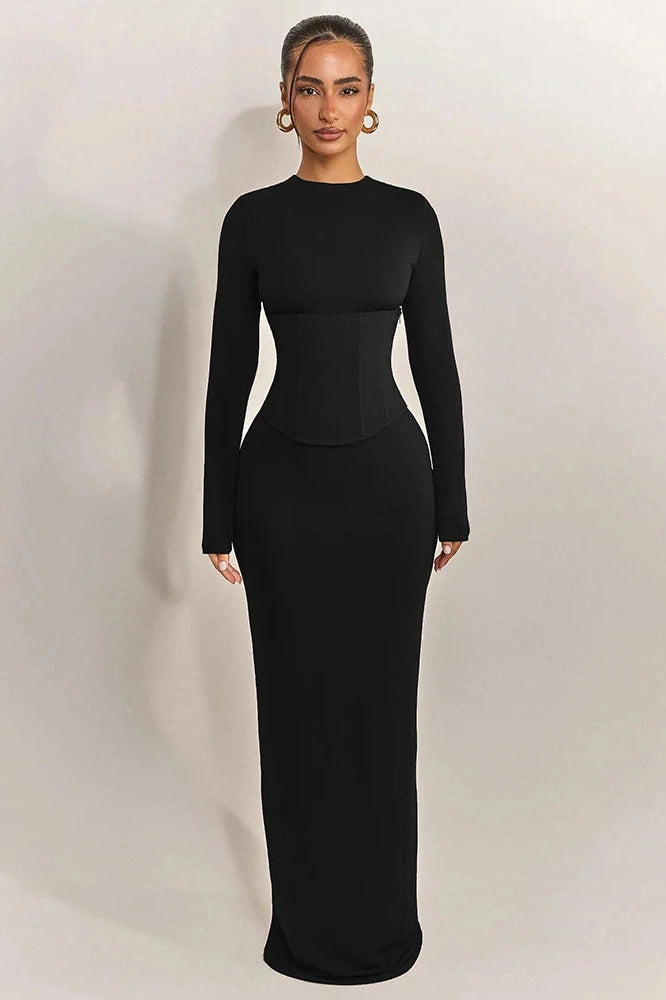 Glorol - Long Sleeve High Waist Split Zipper O Neck Bodycon Maxi Dress