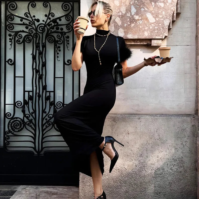 Glorol - Elegant Patchwork High Collar Maxi Dress