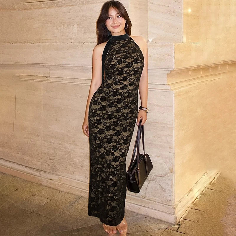 Glorol - Lace Backless High Waist Slim Maxi Dress