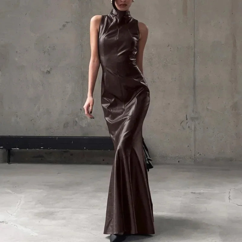 Glorol - PU Leather Patchwork High Waist Sleeveless Maxi Dress