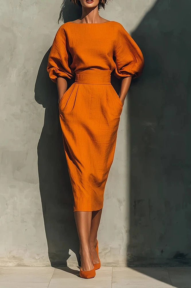 Glorol - Elegant A-Line O-Neck Lantern Sleeve High Waist Pleated Midi Dress