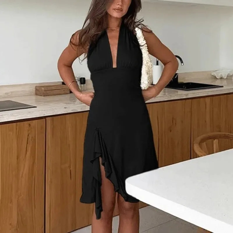 Elegant Pleated Patchwork Backless Mini Dress