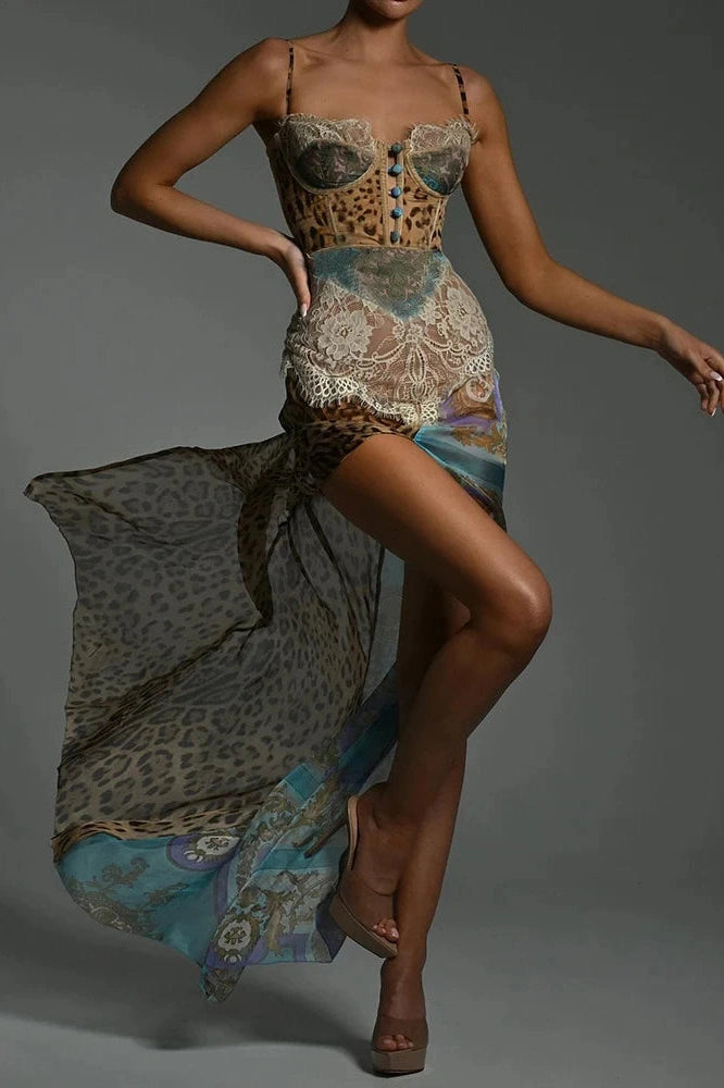 Glorol - Printed Lace Split Patchwork Sleeveless Backless Maxi Dress
