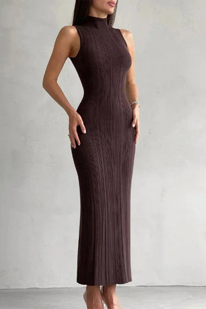 Glorol - Elegant Knitted Turtleneck Sleeveless Bodycon High Waist Maxi Dress