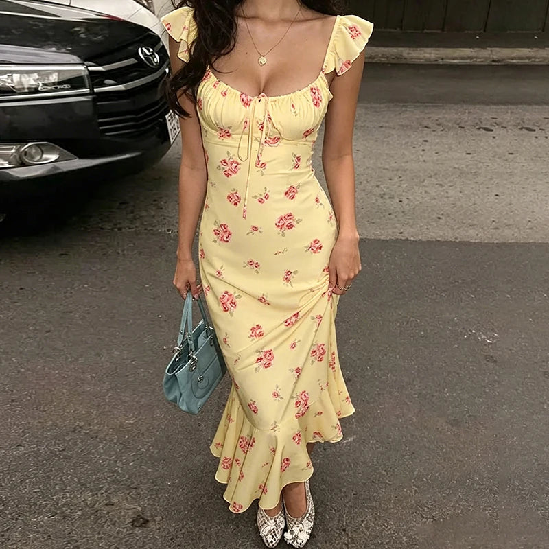 Glorol - Printed Sleeveless Square Collar Slim Maxi Dress