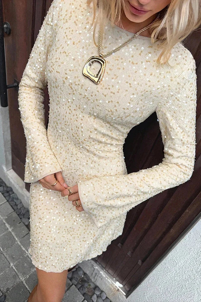 Elegant High Waist Pleated Long Sleeve Mini Dress