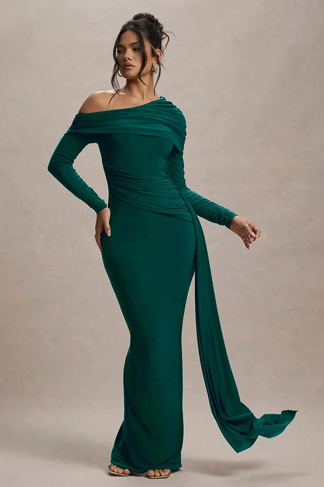 Glorol - Skew Collar Long Sleeve Backless Bodycon Maxi Dress
