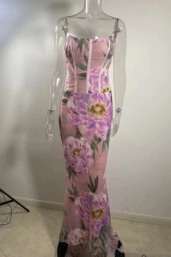 Glorol - Floral Spaghetti Strap Sleeveless Backless Maxi Dress