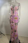 Glorol - Floral Spaghetti Strap Sleeveless Backless Maxi Dress