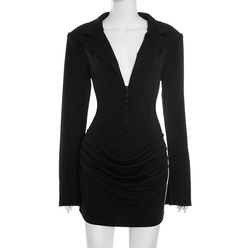 Glorol - Deep V Neck Long Sleeve High Waist Mini Dress