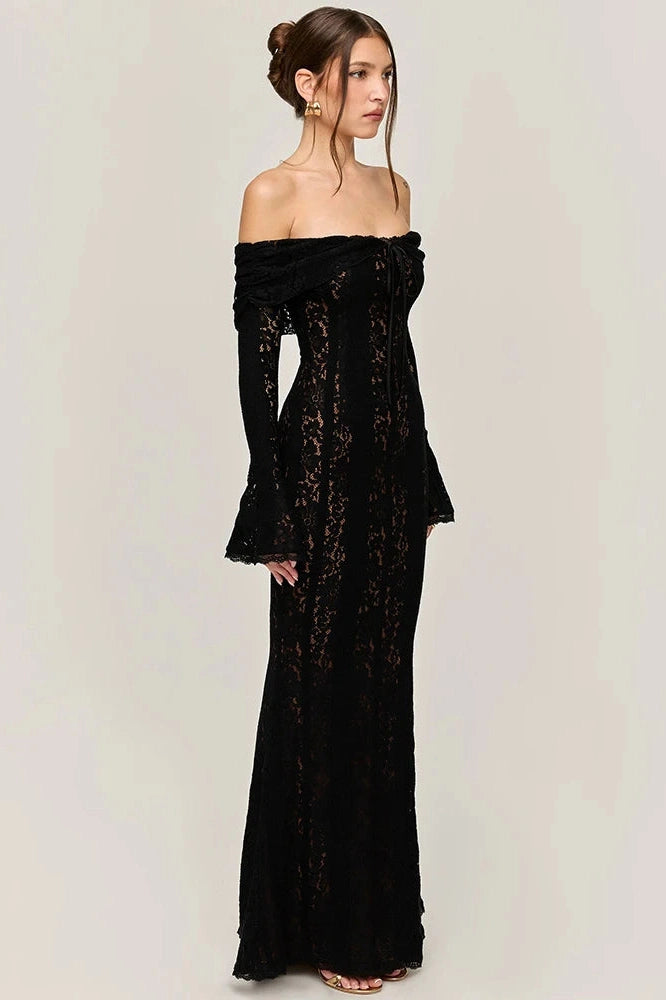 Glorol - Lace Off-Shoulder Strapless Backless Long Sleeve Maxi Dress
