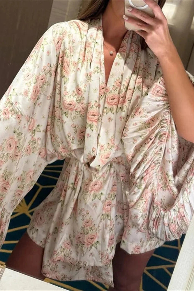 Glorol - Printed V-Neck Lace-Up Patchwork Loose Mini Dress