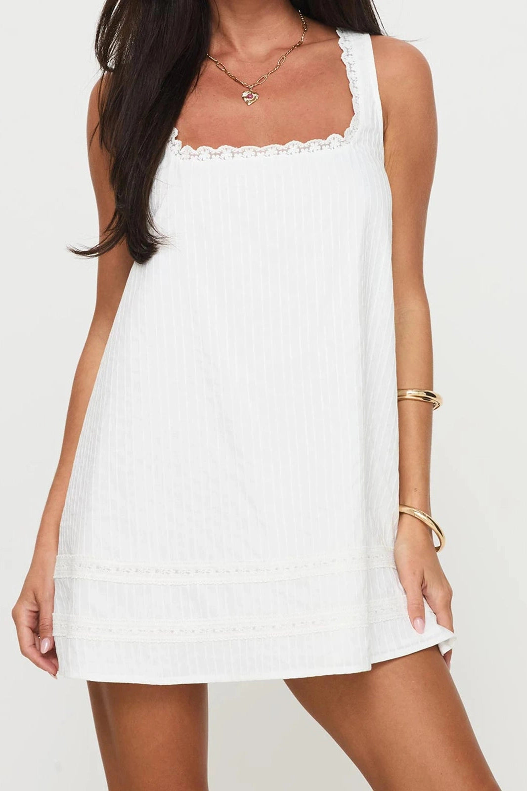 Glorol - Lace Patchwork Square Neck Sleeveless Loose Mini Dress