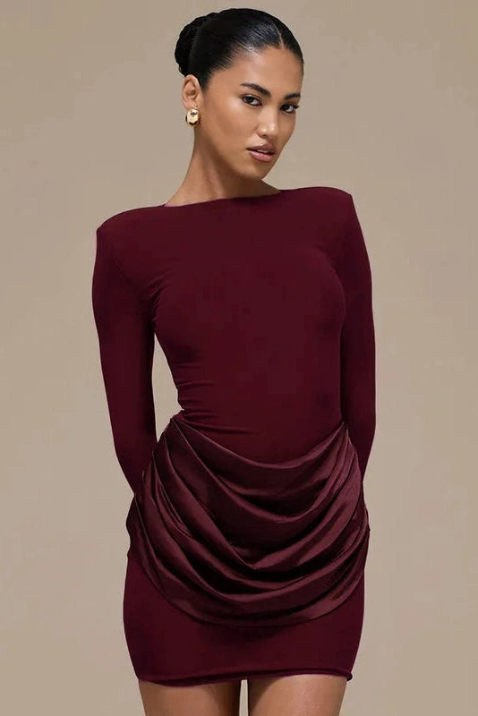Glorol - Elegant Pleated Slim Round Neck Long Sleeve Mini Dress
