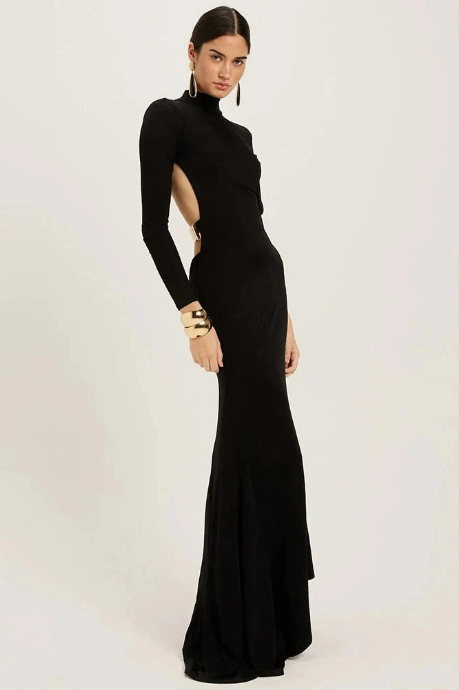 Glorol - Backless Long Sleeve High Collar Bodycon Maxi Dress