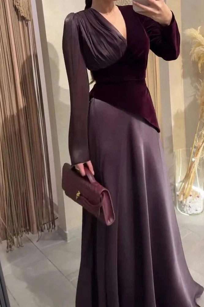Glorol - Long Sleeve V-Neck High Waist Pleated Maxi Dress