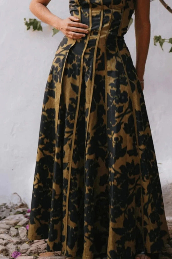 Glorol - Hollow Out High Waist Pleated Sleeveless Printed Maxi Dress