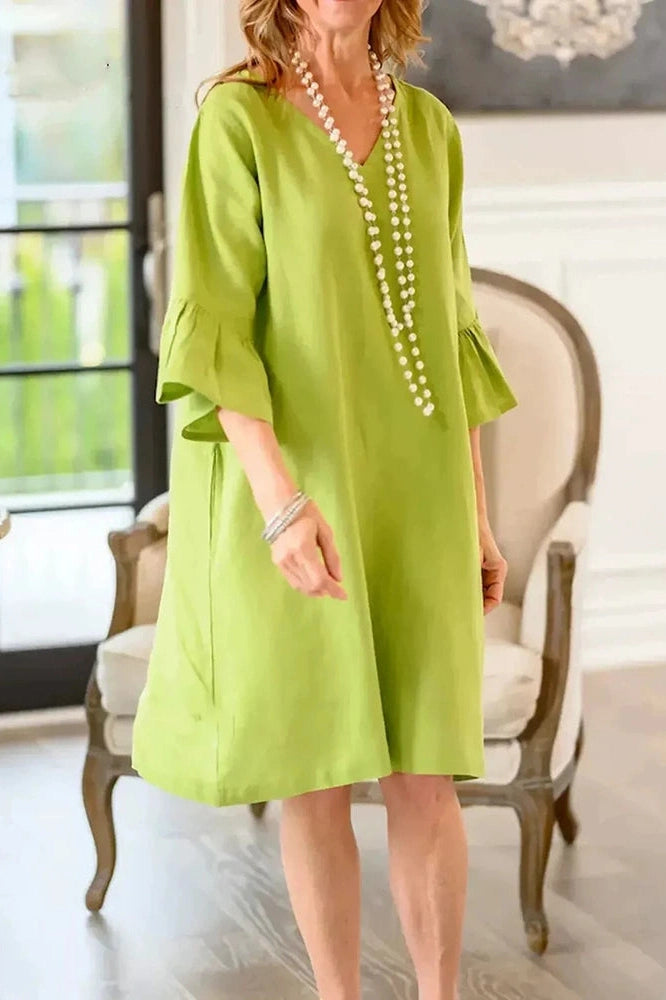 Glorol - Half Sleeve V-Neck Loose Pleated A-Line Mini Dress