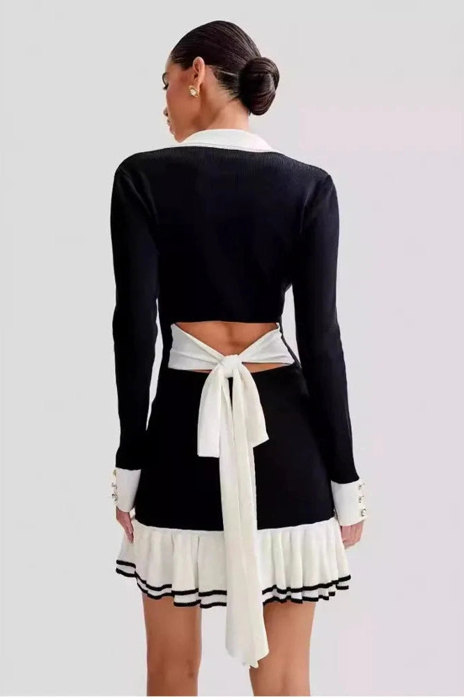 Glorol - Long Sleeve V Neck Pearl Mini Dress