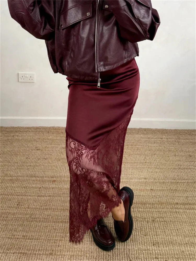 Glorol - High Waist Printed Lace Patchwork See-Through Skirt