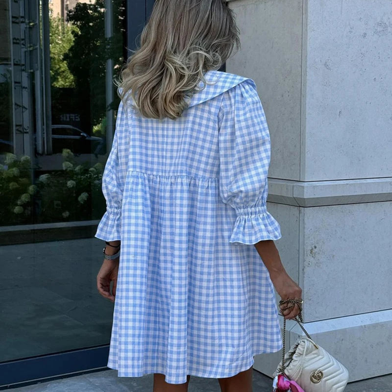 Glorol - Printed A-Line Loose Flare Sleeve Mini Dress
