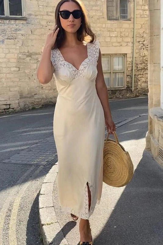 Glorol - Elegant Lace Slit Loose Pleated Backless Sleeveless Midi Dress