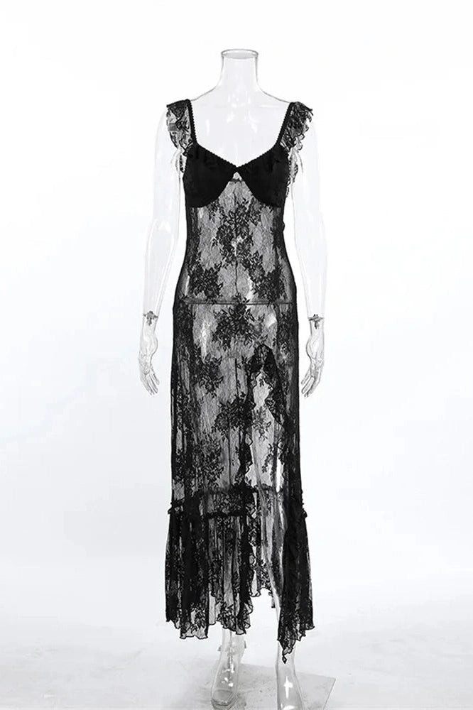 Glorol - Lace See-Through Patchwork Backless Maxi Dress