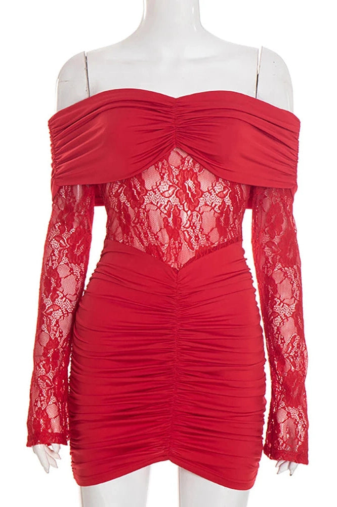 Glorol - Off-Shoulder Strapless Lace See Through Long Sleeve Mini Dress