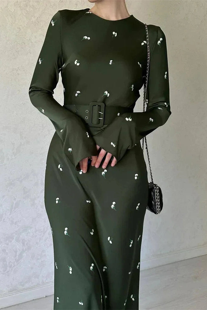 Glorol - Long Sleeve Slim Patchwork Printed High Waist Maxi Dress