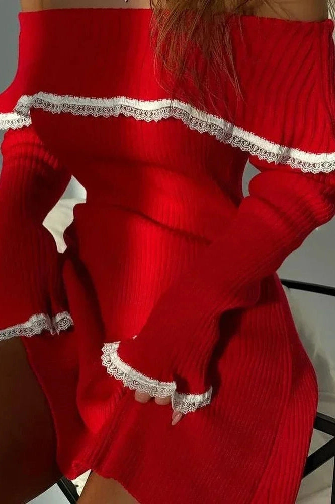 Glorol - Off-Shoulder Lace Patchwork Slim Backless Mini Dress