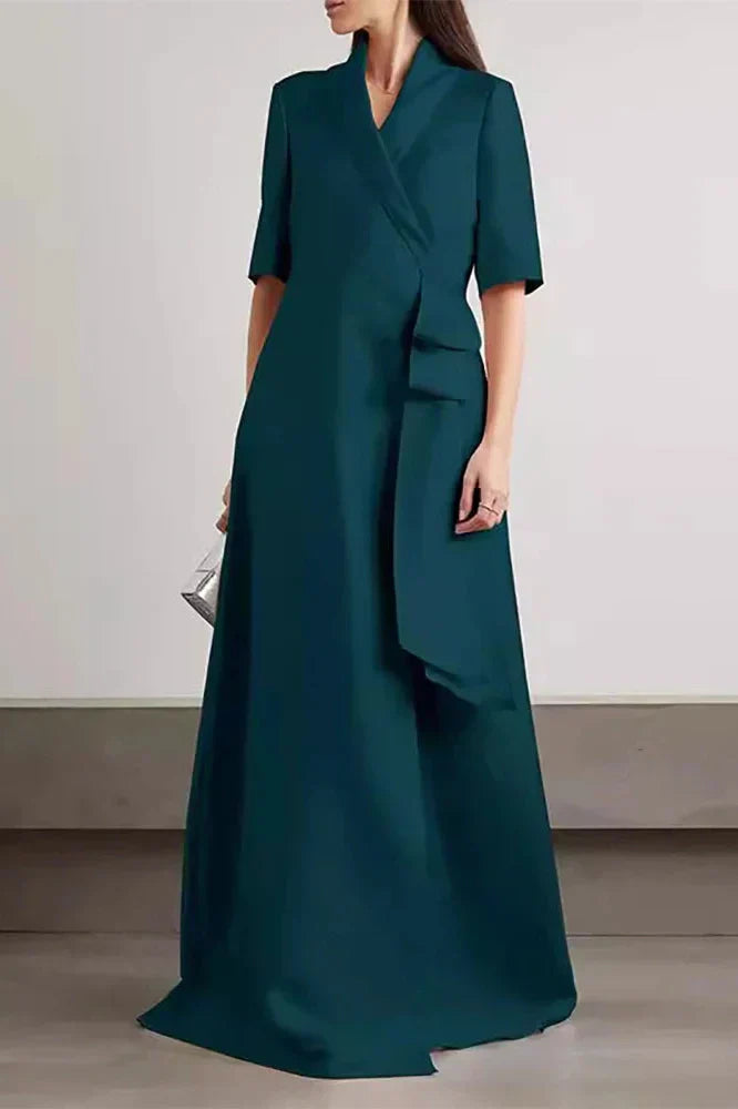 V-Neck High Waist A-Line Half Sleeve Maxi Dress