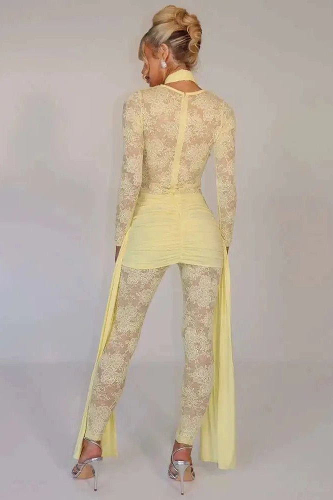 Glorol - See Through Lace Patchwork Long Sleeve Jumpsuit