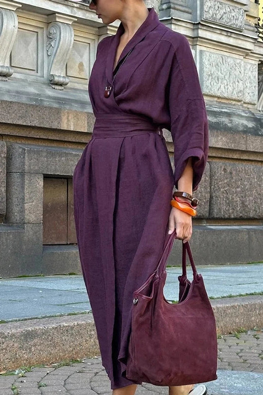 Glorol - Lace-Up High Waist V-Neck Midi Dress