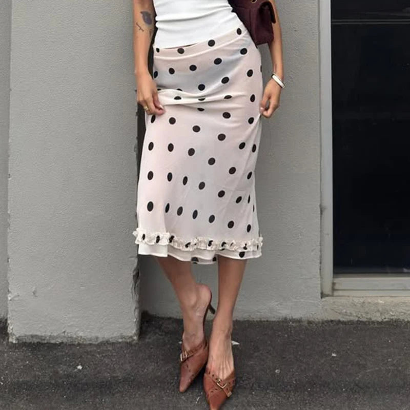 Glorol - High Waist Polka Dot Lace Splice Skirt