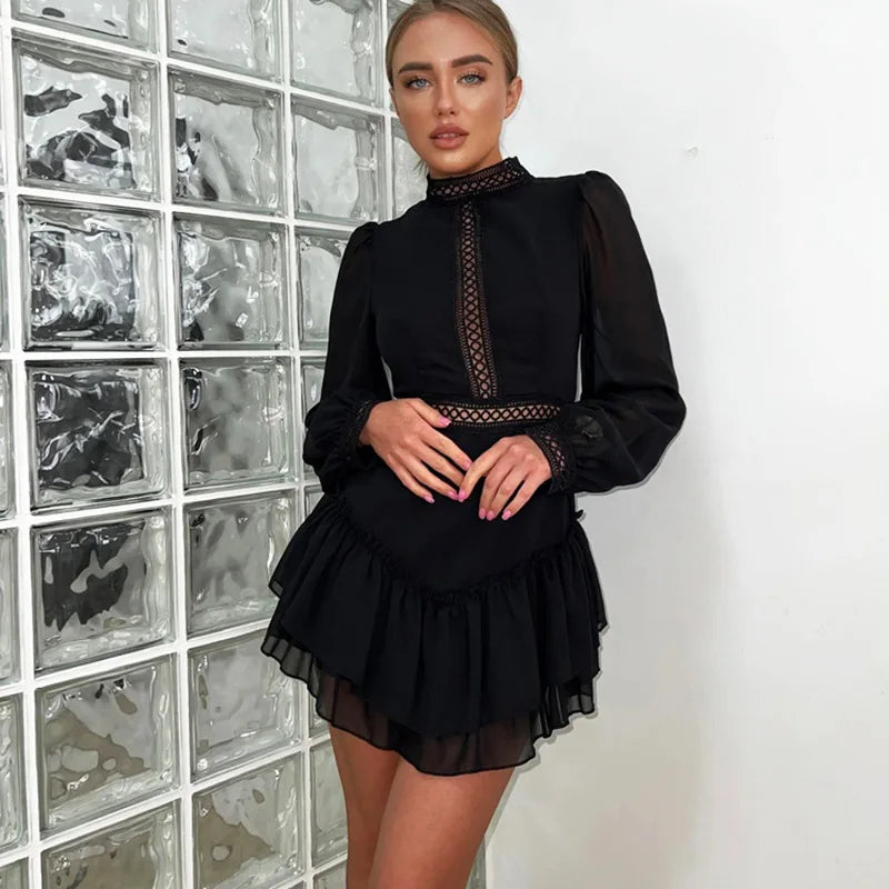 Glorol - Hollow Out See Through Patchwork High Waist Mini Dress