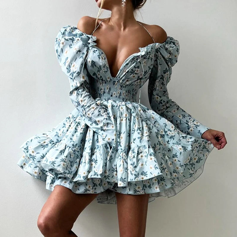 Glorol - Printed Lace Up V-Neck Long Sleeve Elegant A-Line Mini Dress