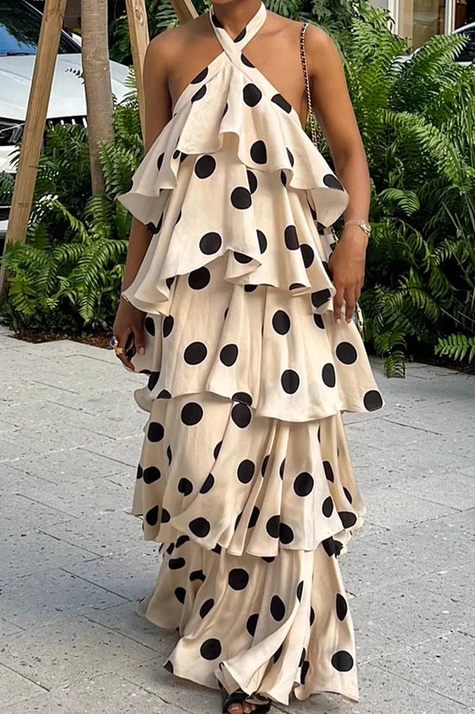 Glorol - Elegant Backless Polka Dot Sleeveless Maxi Dress
