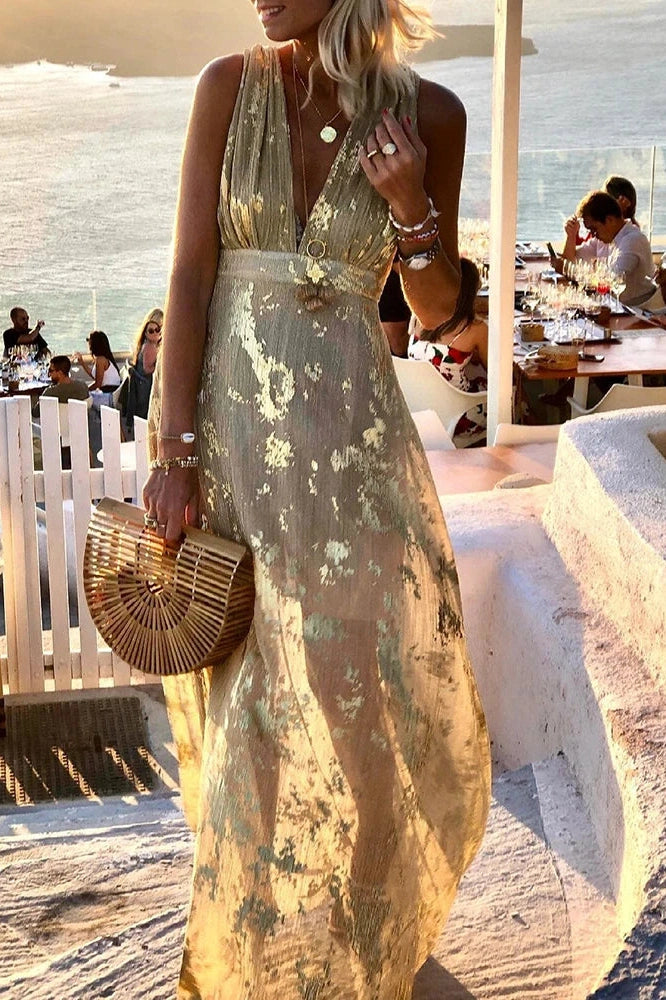 Glorol - Hollow High Waist Printed Sleeveless Deep V Neck Maxi Dress