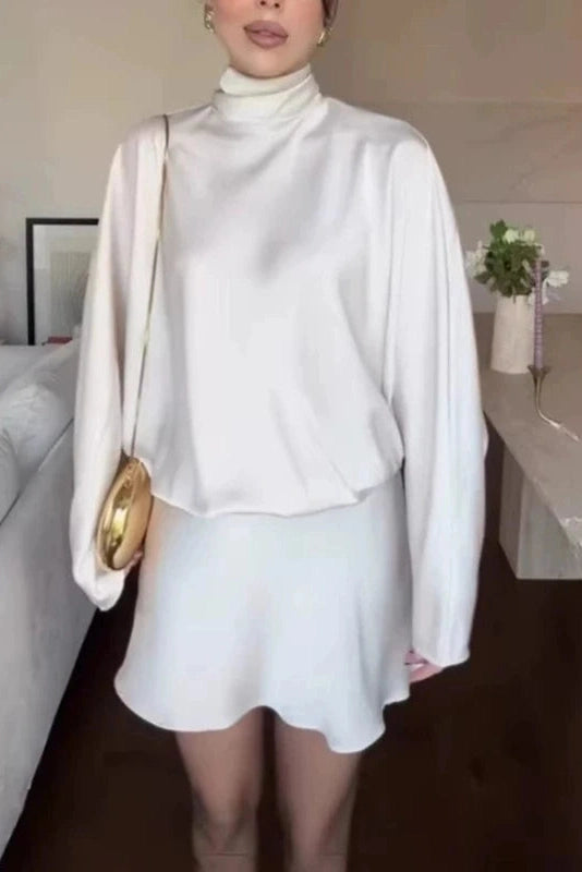 Glorol - High Waist Pleated Turtleneck Loose Mini Dress