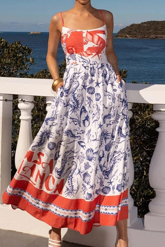 Glorol - Elegant Hollow Out Sleeveless High Waist U-Collar Printed Maxi Dress