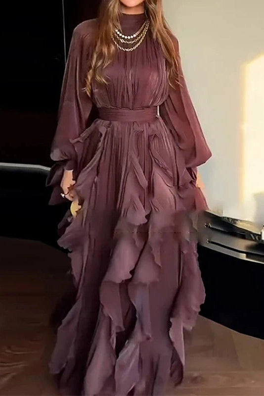 Glorol - Elegant Pleated High Collar Long Sleeve High Waist Maxi Dress