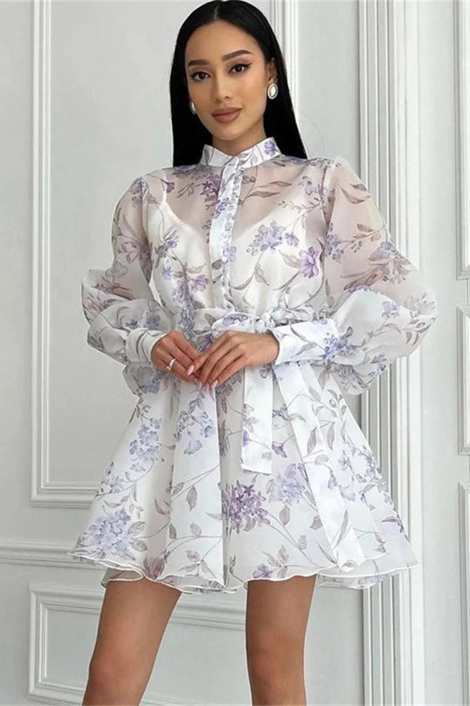 Glorol - Printed Lace-Up Long Sleeve Bodycon Mini Dress